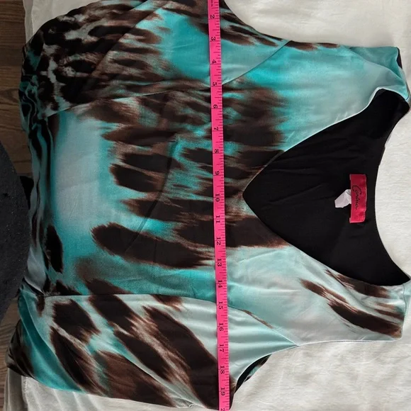 Sleeveless Teal & Brown Print V-neck Dress size - Picture 6 of 6